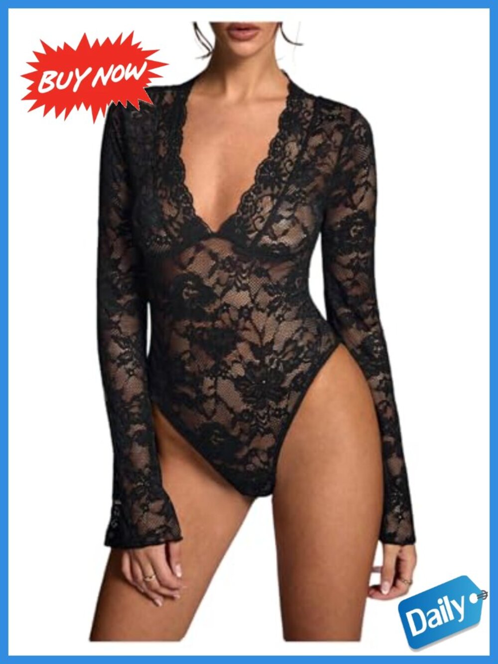 Women's Mesh Sheer Floral Lace Bodysuit Long Sleeve Deep V Neck Slim Fit